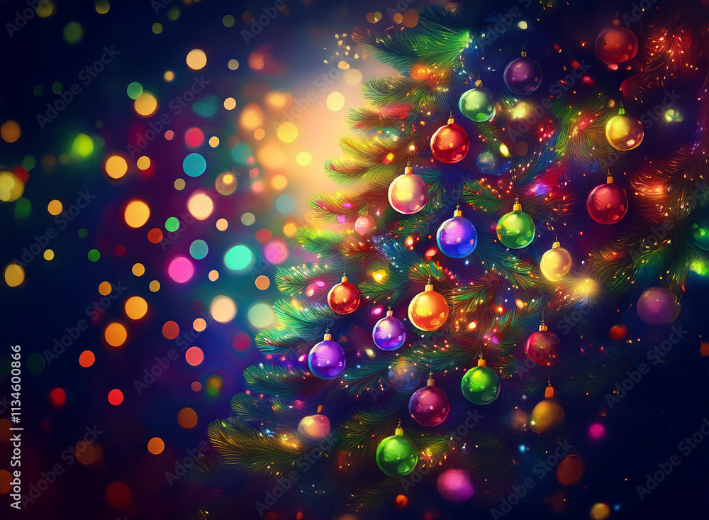 Poster a vibrant christmas tree adorned with colorful ornaments shimmers with magical lights and bokeh. a f