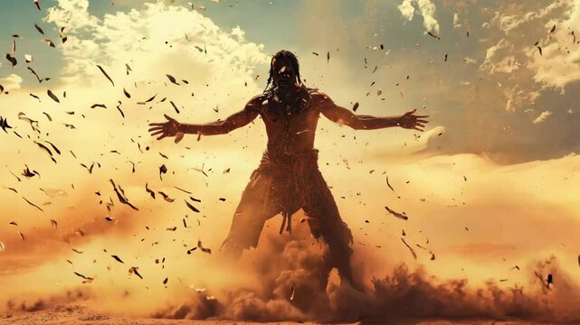 Striking visualization in a vast desert, a warrior standing confidently, fingers spread wide, halting a swarm of arrows aimed at them with determination