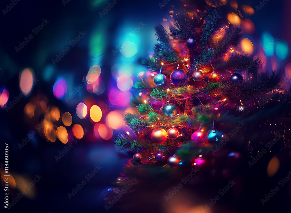 Aufkleber a vibrantly lit christmas tree glows with colorful ornaments against a backdrop of blurred, multicol