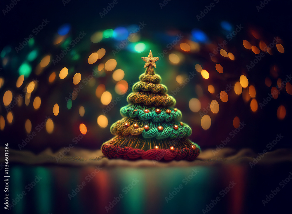Poster a whimsical, colorful clay christmas tree sits on a snowy surface, illuminated by a bokeh of warm an
