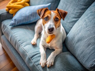 A Cute Jack Russell Terrier Dog Enjoying a Cheese Stick on a Cozy Sofa at Home, Capturing the Joy of Dog Life and the Comfort of Pet Ownership in a Beautiful Aerial Shot