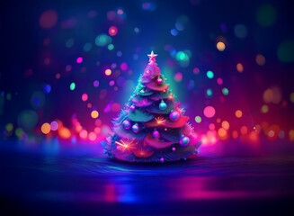 A vibrant, stylized Christmas tree glows with neon lights and colorful ornaments against a bokeh background.  Magical, festive, and digitally rendered.