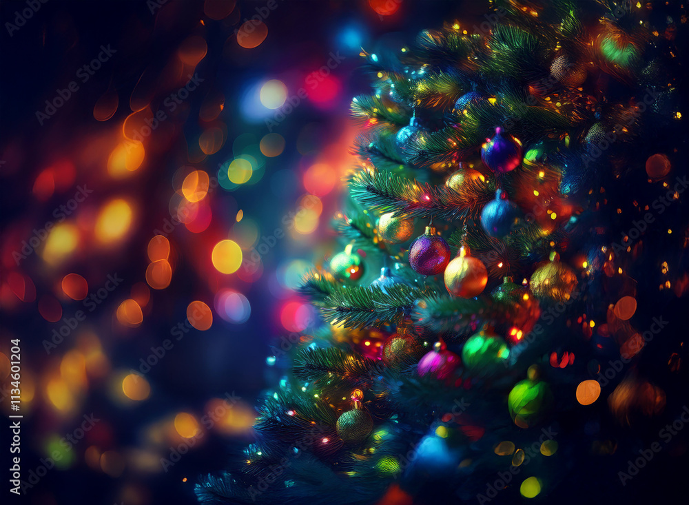 Poster a vibrant christmas tree adorned with colorful ornaments, glows against a backdrop of blurred, multi