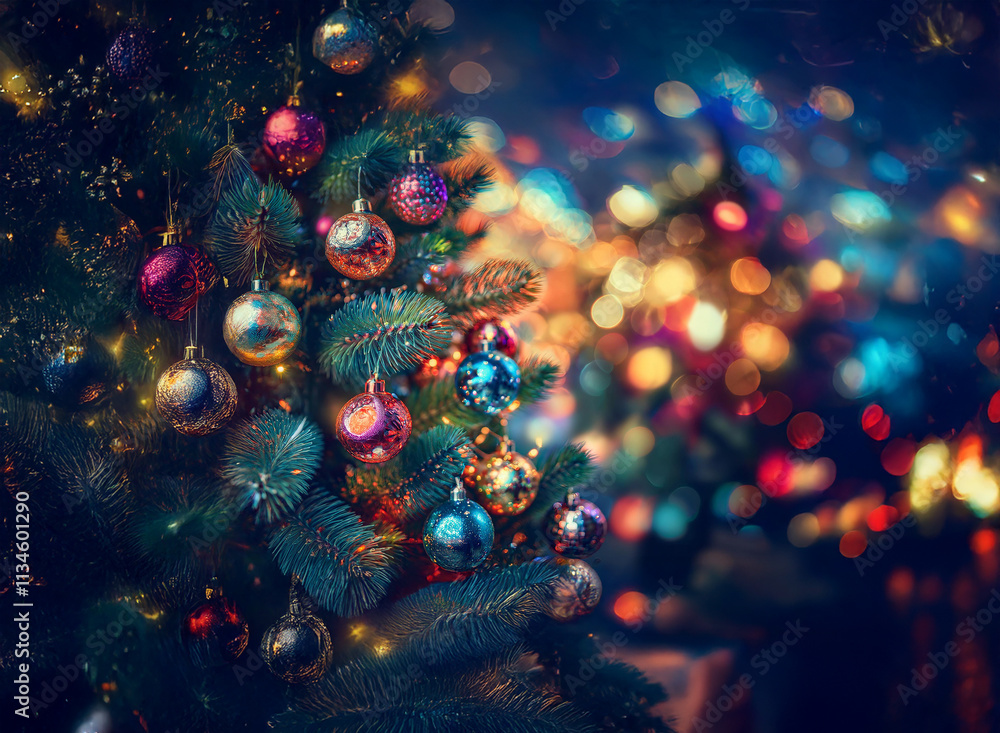 Poster a beautifully decorated christmas tree glows with colorful ornaments and twinkling lights, creating 