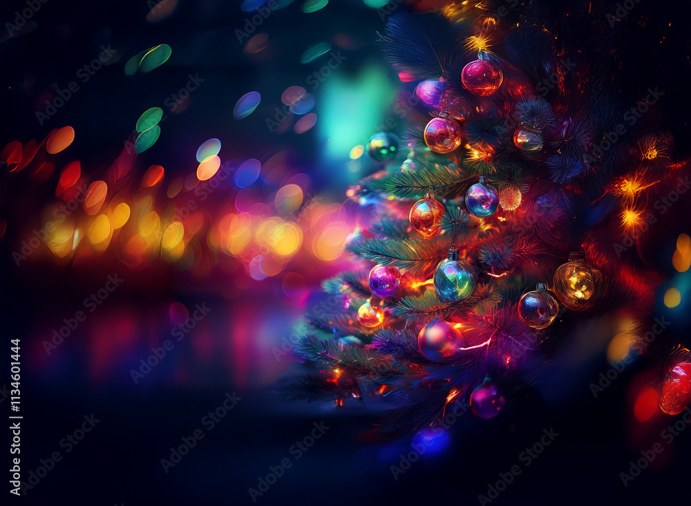 Poster a vibrantly lit christmas tree adorned with colorful ornaments, set against a backdrop of blurred fe