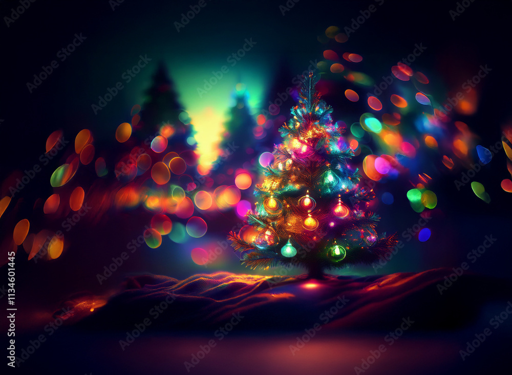 Poster A vibrant Christmas tree glows with colorful lights against a backdrop of bokeh, creating a magical winter scene.  The snow-dusted ground adds to the festive atmosphere.