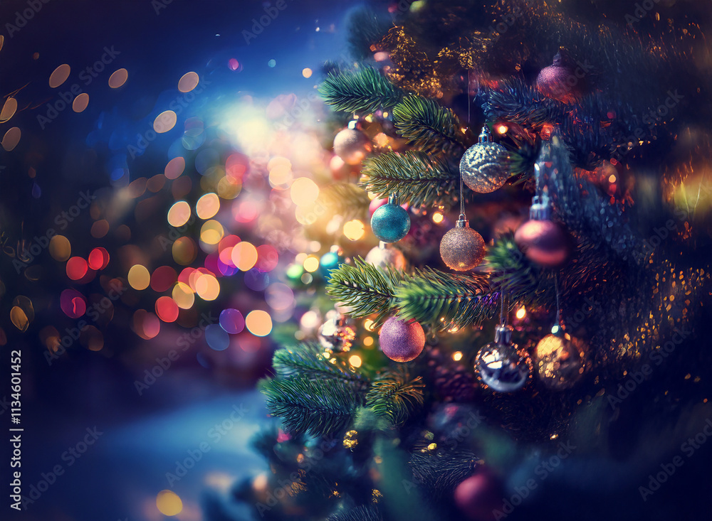 Poster a beautifully decorated christmas tree glows with colorful ornaments and twinkling lights against a 