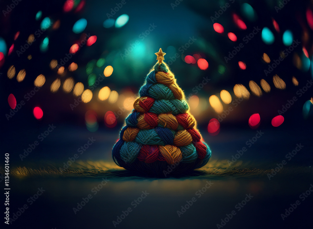 Aufkleber a whimsical christmas tree crafted from colorful yarn stands in a bokeh-filled night scene. the star