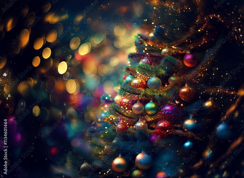 Poster a magically lit christmas tree adorned with colorful ornaments, sparkles, and bokeh lights. the scen