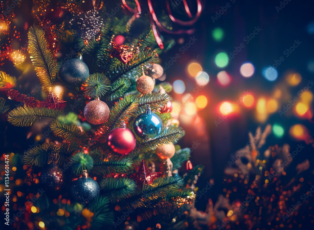 Aufkleber a beautifully decorated christmas tree sparkles with colorful ornaments and lights against a softly 