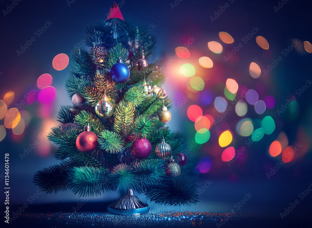 Aufkleber a decorated christmas tree stands against a bokeh background of colorful lights. the tree is adorned