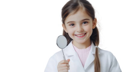 A Girl as a Dentist Holding a Dental Mirror: Ideal Imagery for Dental Practices, Educational Materials, and Health Awareness Campaigns.