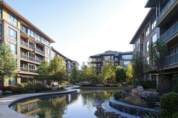 Modern apartment complex with landscaped courtyard, pond, and walkways.