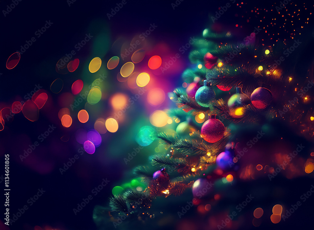 Poster a vibrant christmas tree adorned with colorful ornaments sparkles against a backdrop of blurred, mul