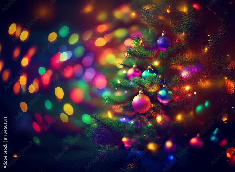 Poster a vibrant christmas tree adorned with colorful ornaments glows brightly against a backdrop of blurre