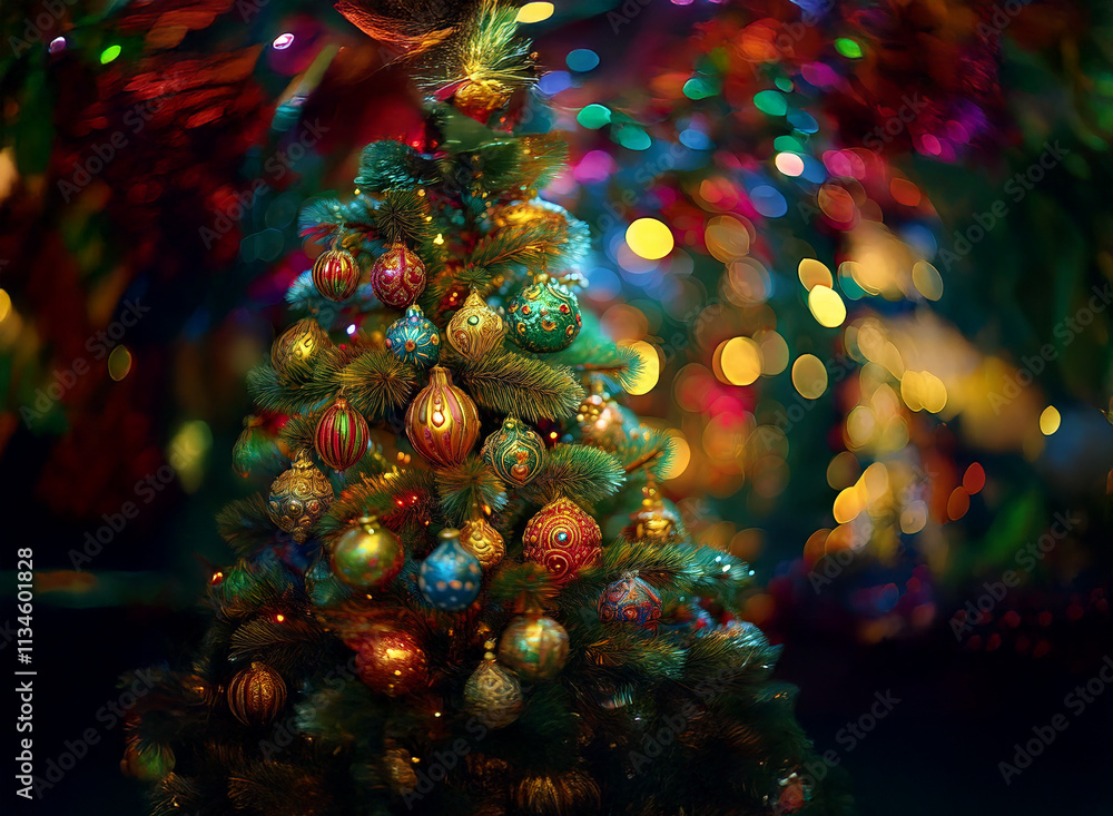 Poster a vibrant christmas tree adorned with colorful ornaments stands illuminated against a bokeh backdrop