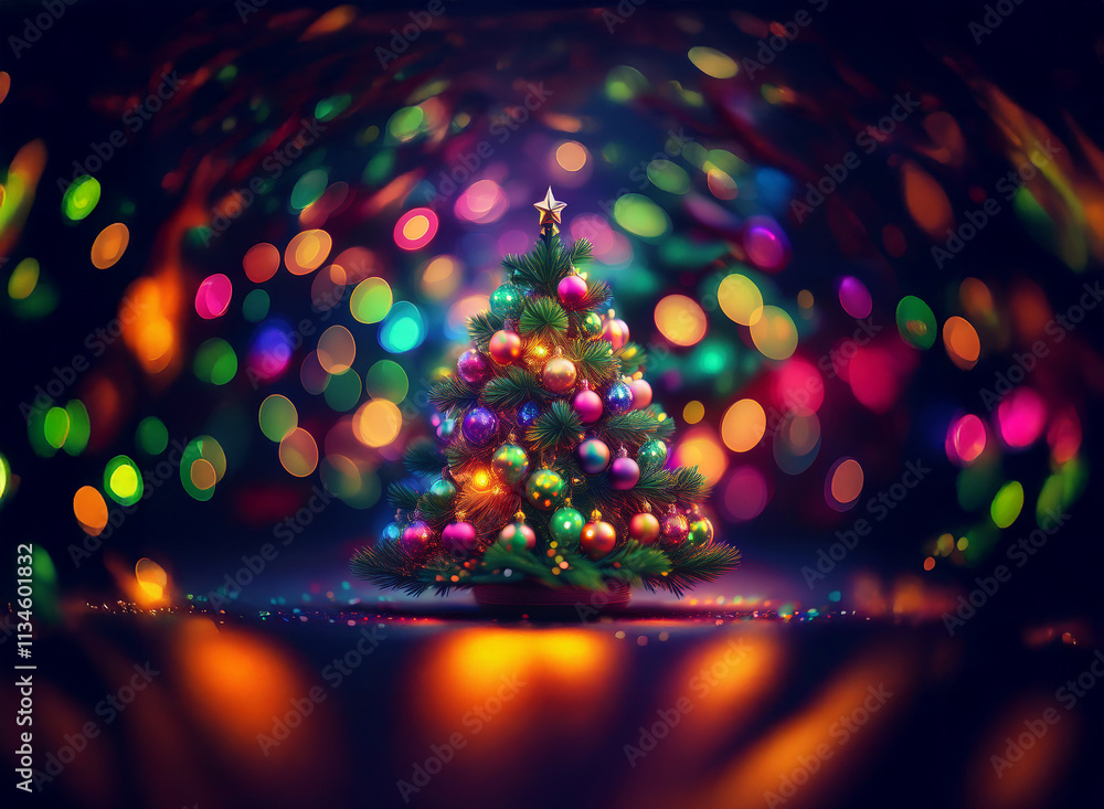 Aufkleber A vibrant Christmas tree adorned with colorful ornaments stands in a whimsical, bokeh-filled forest setting.  Warm and cool lights create a magical atmosphere.