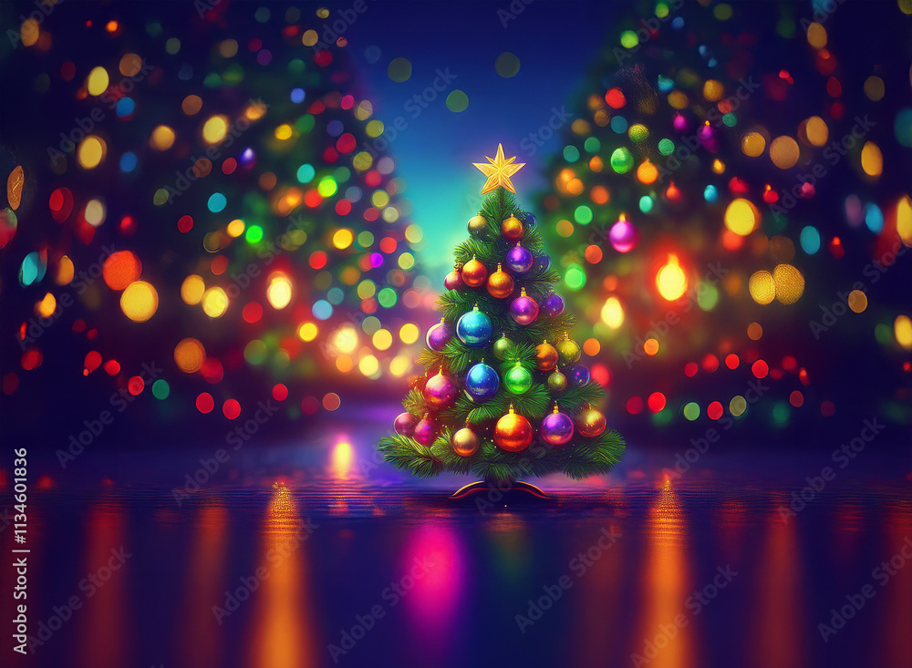 Poster A single Christmas tree adorned with colorful ornaments stands out against a backdrop of blurred, glowing trees and twinkling lights.  The scene reflects on a dark, shiny surface, creating a magical, 