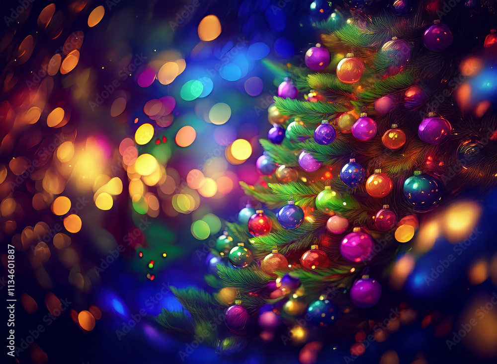 Poster a vibrant christmas tree adorned with colorful ornaments, glowing brightly against a bokeh backdrop 