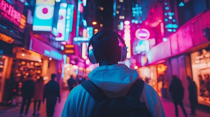Fototapeta premium Person Walking Through Neon Lit City Street At Night