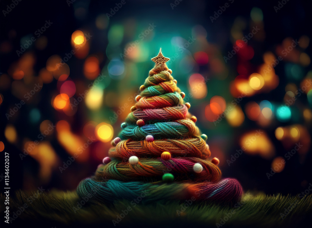 Poster a vibrant, whimsical christmas tree crafted from colorful yarn stands against a bokeh backdrop of wa