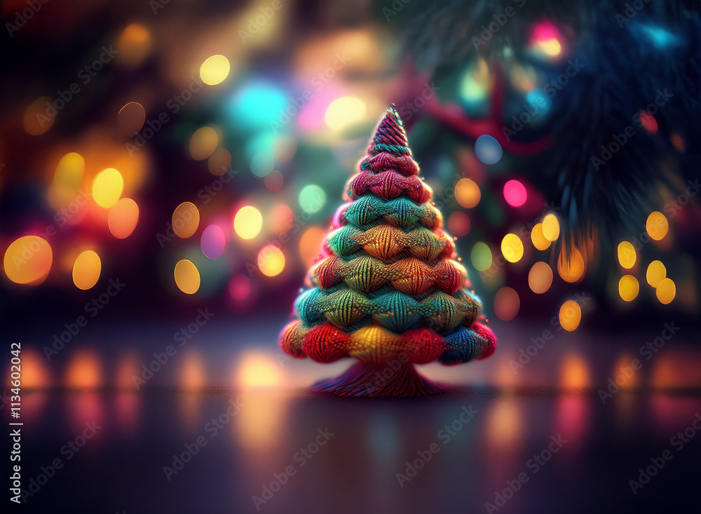 Poster a vibrant, miniature knitted christmas tree stands on a reflective surface, illuminated by a bokeh o