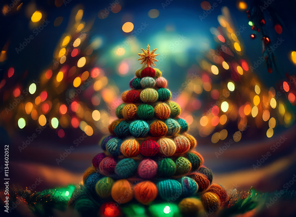 Poster a whimsical christmas tree crafted from colorful yarn balls sits in a bokeh-filled winter scene. sof
