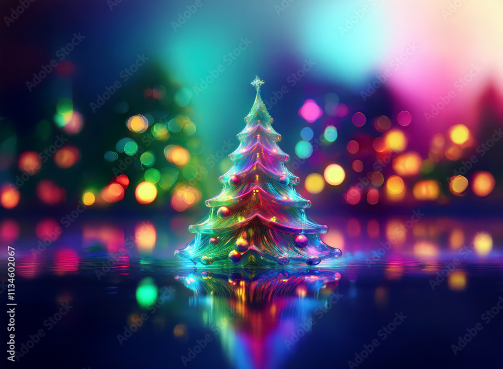 Aufkleber a vibrant, iridescent christmas tree stands out against a backdrop of colorful, blurred lights refle