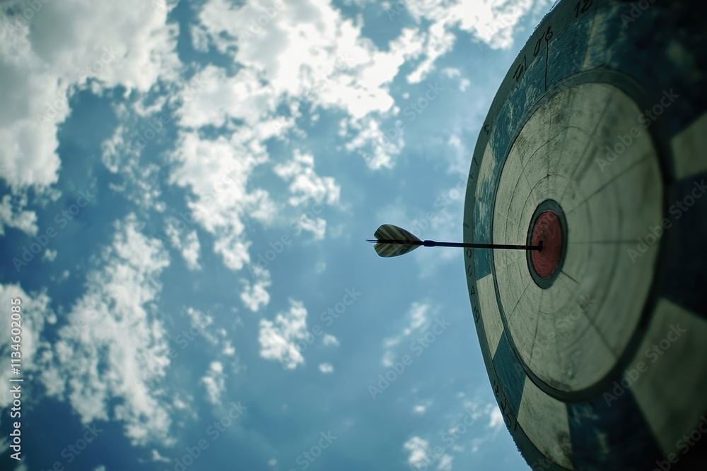 Poster a dart hitting the center of a dartboard represents the journey to achieving goals, highlighting the