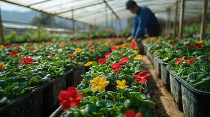 Sustainable Agriculture: Farmer Caring for Hydroponic Crops in Greenhouse
