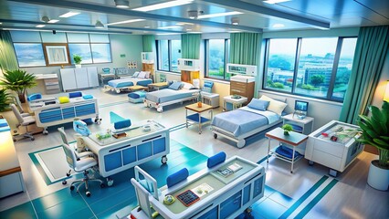 A Detailed 3D Render of a Hospital Ward Featuring Beds, Monitors, and Medical Equipment, Designed for Healthcare Settings with Ample Copy Space on the Right Side for Text or Graphics