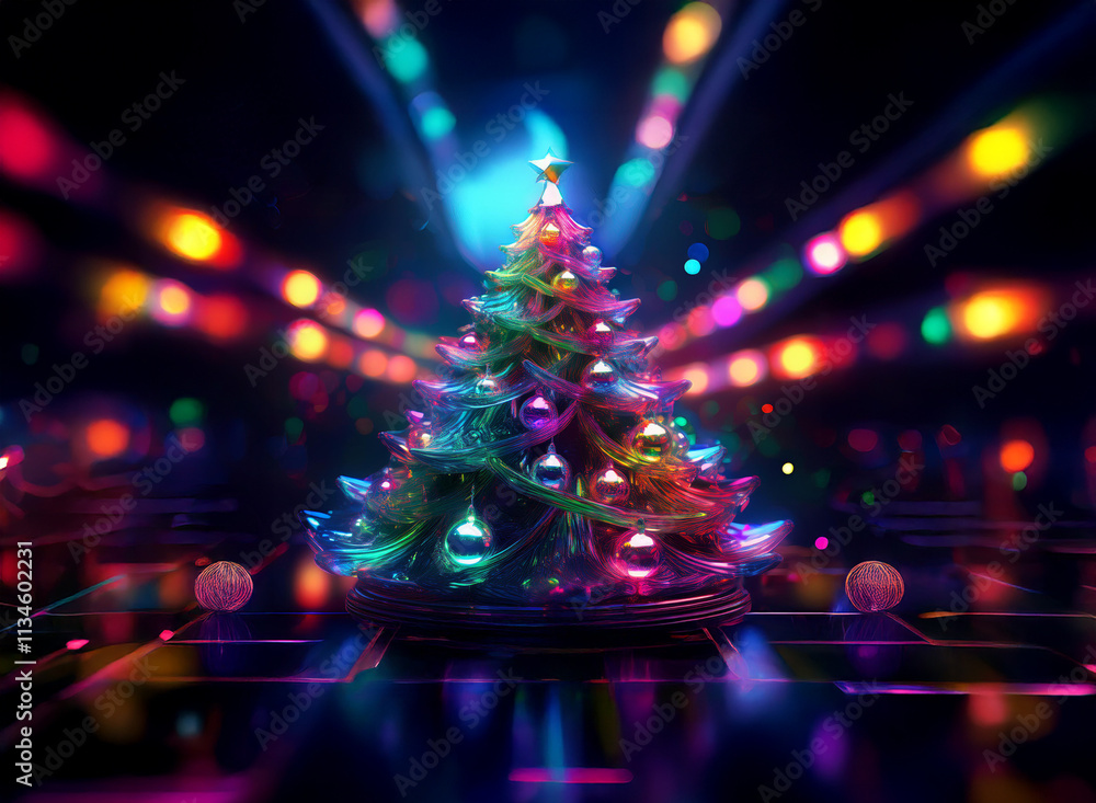 Poster a vibrant, iridescent christmas tree glows brightly, surrounded by colorful bokeh lights and reflect