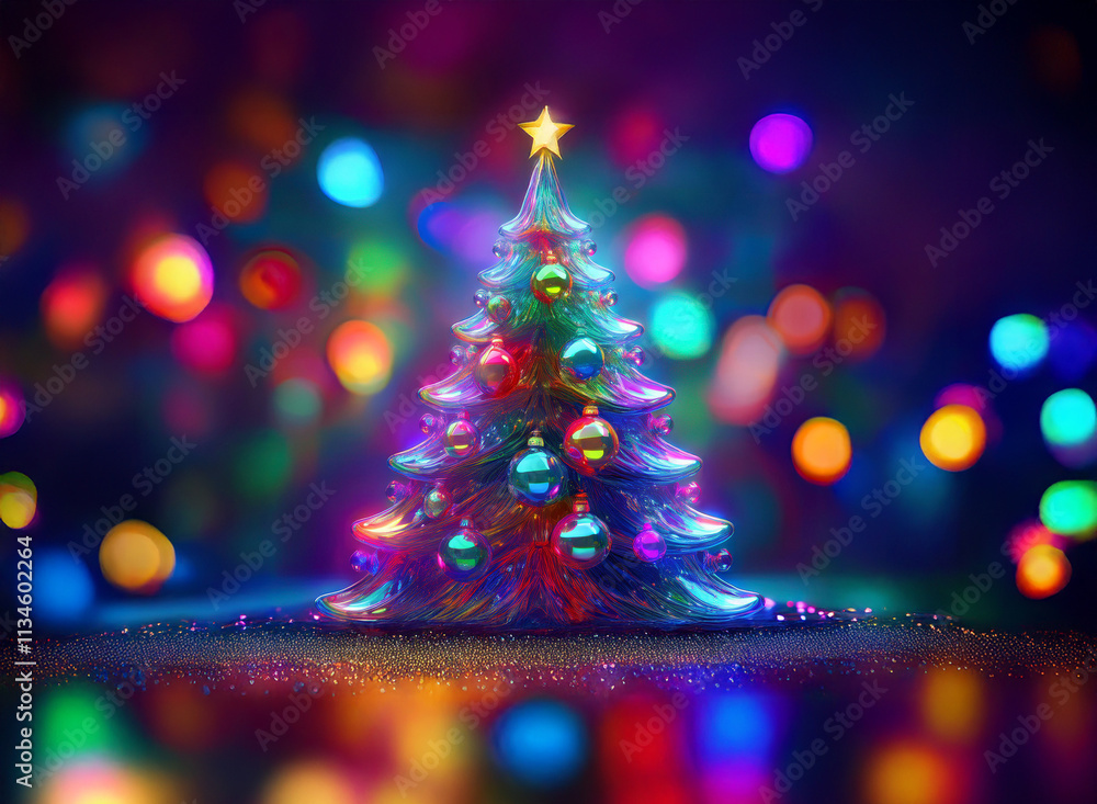 Poster a vibrant, iridescent christmas tree stands adorned with colorful ornaments against a backdrop of tw