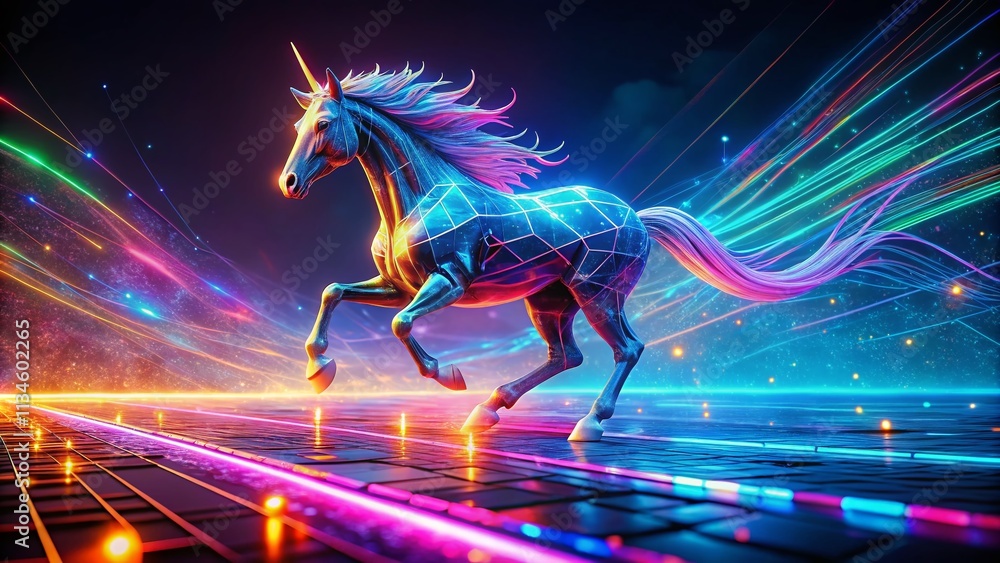 Poster a digital unicorn galloping through a futuristic landscape of glowing lines and data streams capture