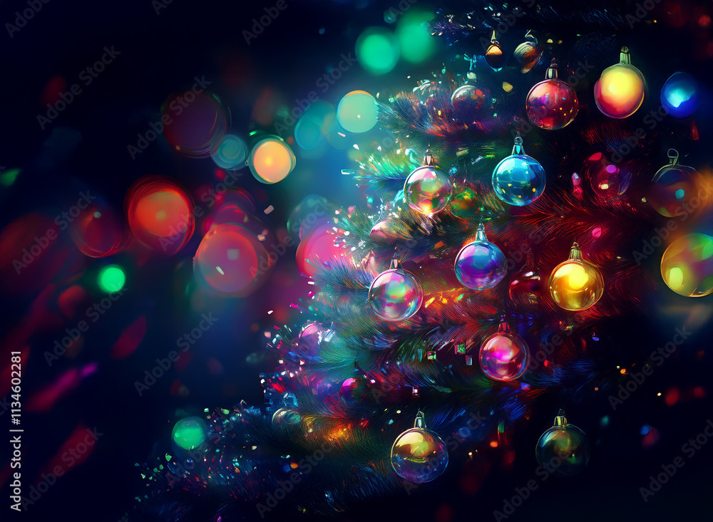 Poster A vibrant Christmas tree adorned with colorful ornaments sparkles against a backdrop of shimmering bokeh lights, creating a festive and magical atmosphere.
