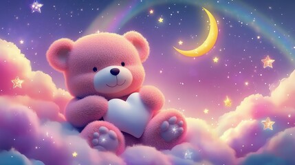Pink teddy bear holding heart, sitting on clouds under a crescent moon and rainbow at night.