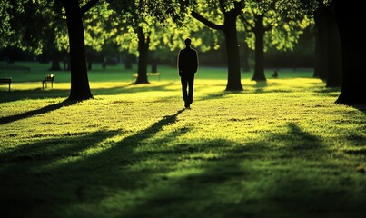 Obraz premium Silhouetted figure walks park path, sunlight through trees.