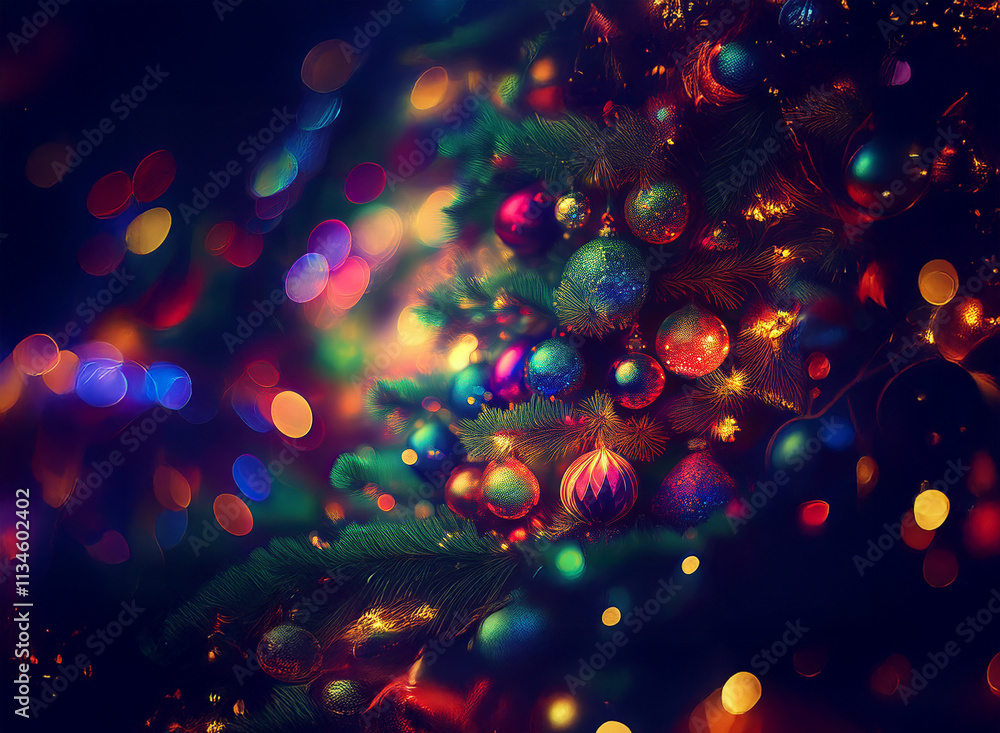 Poster A richly decorated Christmas tree glows with colorful ornaments and twinkling lights, creating a festive and magical atmosphere.  Bokeh effects add depth and sparkle.