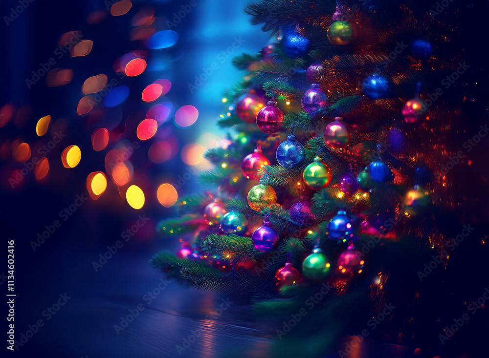 Poster a beautifully decorated christmas tree glows with colorful ornaments and lights against a softly blu