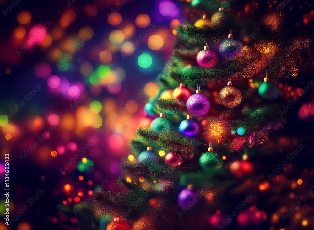 Aufkleber a vibrant christmas tree adorned with colorful ornaments glows brightly against a bokeh background o