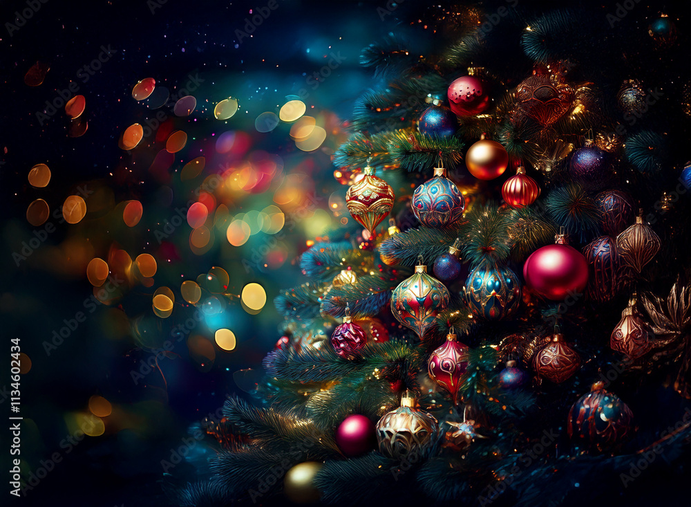 Poster a richly decorated christmas tree sparkles with colorful ornaments against a bokeh background, evoki