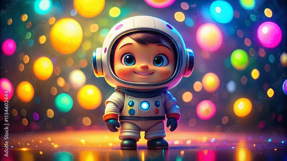 Poster adorable 3d cartoon astronaut character surrounded by a colorful bokeh effect on a soft focus backgr