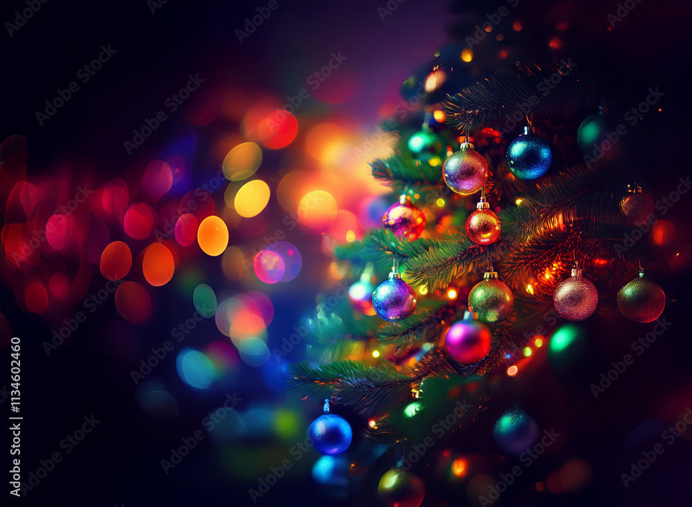 Aufkleber a vibrant christmas tree adorned with colorful ornaments glows brightly against a bokeh backdrop of 