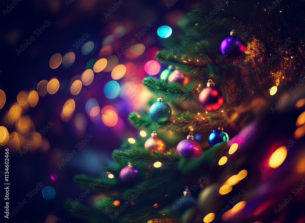 Aufkleber A beautifully decorated Christmas tree glows with colorful ornaments and warm lights, creating a festive and magical ambiance.  The bokeh effect adds depth and sparkle.