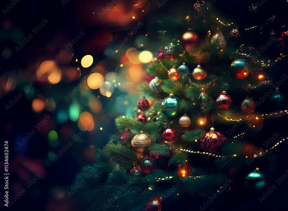 Aufkleber a beautifully decorated christmas tree glows with colorful ornaments and warm lights against a softl