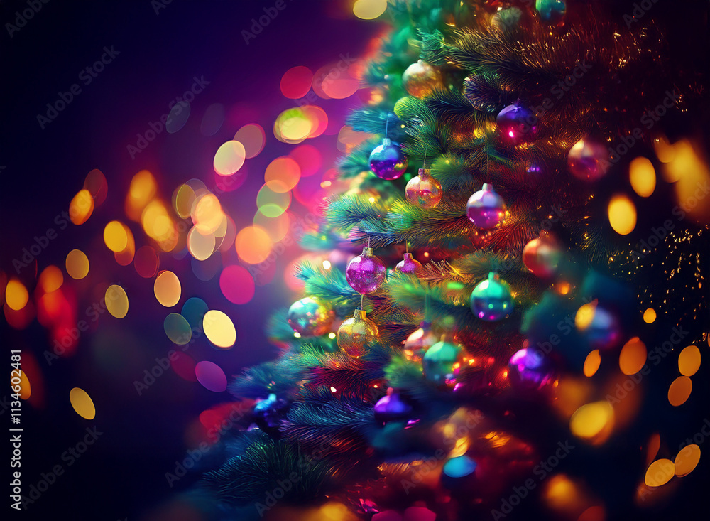 Poster a vibrant christmas tree adorned with colorful ornaments glows brightly against a bokeh backdrop of 