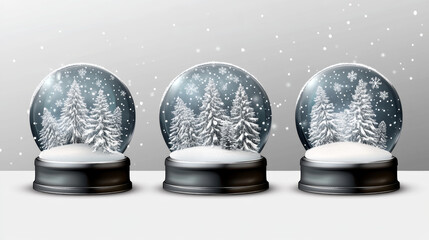 Realistic glass cube, pyramid and dome with snowflakes, christmas snow globe souvenirs isolated on transparent background, crystal containers on base. Festive xmas gifts mockup Realistic 3d vector set