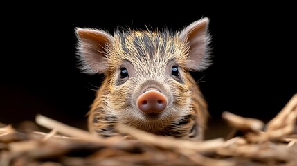Fototapeta premium Adorable Close-Up of a Young Wild Boar with Striped Fur Relaxing in Its Natural Habitat Surrounded by Straw and Soft Lighting