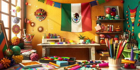 Mexican-Themed Art Studio Workspace with Supplies and Decorations