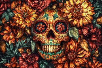 Obraz premium Ornate Sugar Skull Surrounded by Vibrant Floral Arrangement in Vintage Style